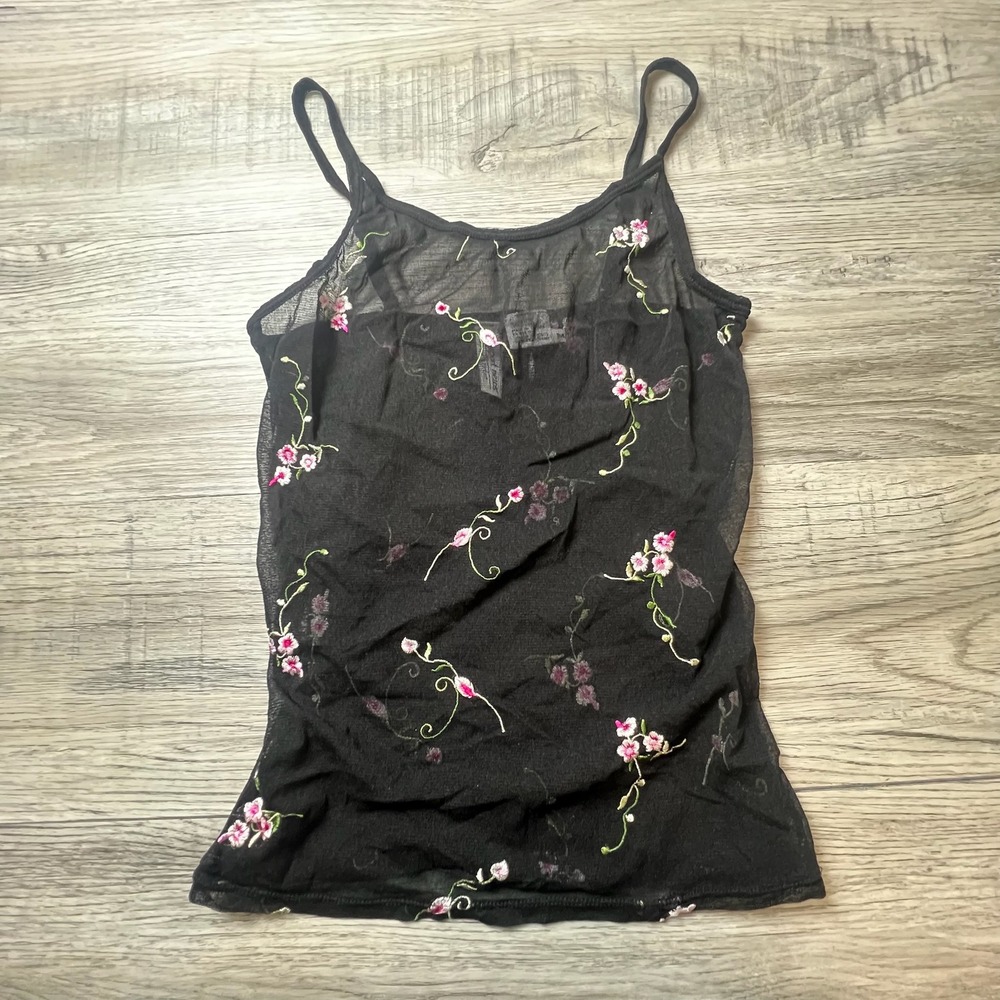 Newport News Cami Womens M Black Mesh Floral Embroidered Vintage Y2K L95337